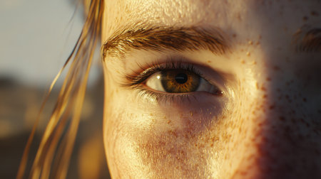 This captivating close-up shot showcases a young person's eye, enhanced by freckles and illuminated by warm natural light, evoking beauty and tranquility.の素材