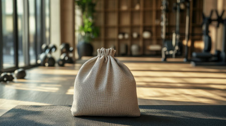 Cozy indoor workout space featuring a neatly arranged bag on an exercise mat, bathed in natural light, perfect for fitness and relaxation.の素材