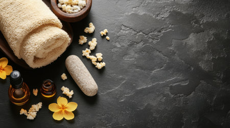 This image showcases a serene spa setting with towels, essential oils, smooth stones, and delicate flowers on a dark surface, evoking a sense of peace and relaxation.の素材