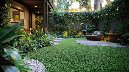 A tranquil outdoor garden featuring vibrant artificial grass, decorative stones, and a cozy seating area, perfect for relaxation and modern living.の素材