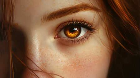 This close-up image captures the striking golden brown iris of a female eye, highlighting natural freckles and creating an intimate portrait with depth.の素材