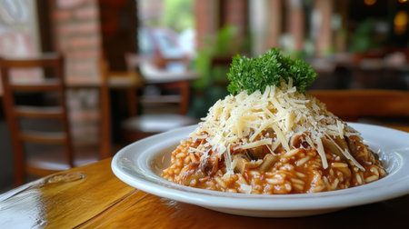 A beautifully presented risotto dish garnished with cheese and fresh herbs, set in a cozy restaurant ambiance, perfect for food lovers.の素材