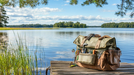 A serene lake scene featuring outdoor gear and fishing tools placed on a rustic wooden dock. Perfect for capturing the essence of relaxation in nature.の素材