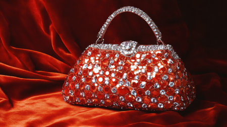 This image features an elegant red handbag embellished with sparkling crystals, displayed against a rich velvet background, perfect for fashion and luxury themes.の素材