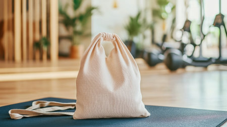 A stylish minimalist cotton bag rests on a yoga mat in a bright modern gym. The serene environment promotes fitness and wellness activities, perfect for health enthusiasts.の素材