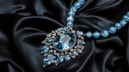 This stunning blue gemstone necklace highlights intricate craftsmanship set against elegant black satin. Perfect for formal occasions or special gifts.の素材
