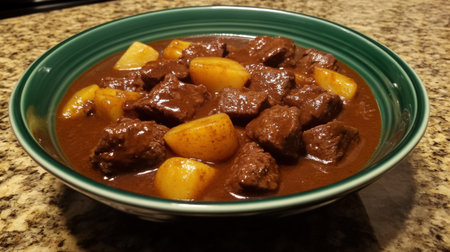 This delicious beef stew features tender pieces of meat combined with sweet potatoes, creating a perfect comfort food. Ideal for cold evenings.の素材