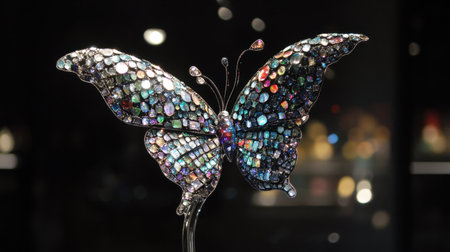This captivating butterfly sculpture showcases a stunning array of multicolored gems, intricately arranged to create a mesmerizing display. Perfect for art lovers.の素材