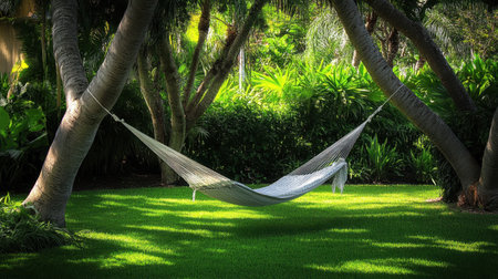 Discover a serene hammock gently swaying between beautiful trees in a lush garden, perfect for relaxation and enjoying nature's tranquility. Ideal for peaceful escapes.の素材