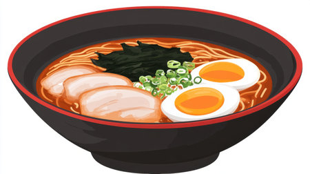 A vibrant illustration of authentic Japanese ramen served in a black ceramic bowl. The dish features soft boiled eggs, tender noodles, and fresh green onions, ideal for food lovers.の素材