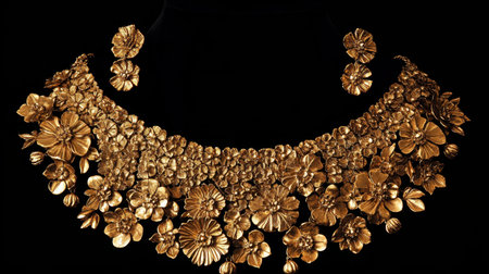 Discover an exquisite floral jewelry set featuring intricate golden designs. The stunning necklace and matching earrings showcase detailed craftsmanship, perfect for any occasion.の素材