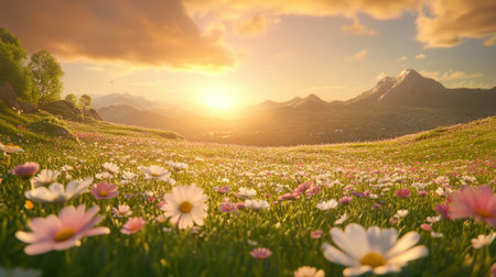 Witness the tranquil beauty of nature as colorful wildflowers blanket a lush meadow, with mountains silhouetted against a stunning golden sunset.の素材