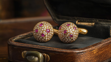 This image showcases exquisite gold cufflinks adorned with rubies and diamonds, elegantly presented in a classic leather box, perfect for luxury accessories.の素材
