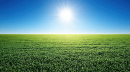 A serene green grass field basking in the bright sunlight under a clear blue sky, perfect for illustrating tranquility and the beauty of nature.の素材