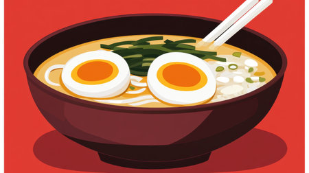 This vibrant illustration showcases a steaming bowl of ramen soup, featuring soft boiled eggs and fresh green toppings. Perfect for food lovers!の素材