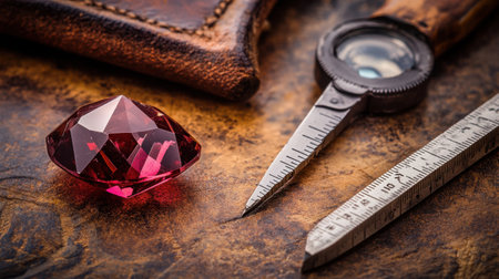 This captivating image features a glimmering red gemstone alongside a vintage leather piece, a ruler, and a caliper. The rich textures and colors create an alluring composition perfect for design inspiration or luxury themes.の素材