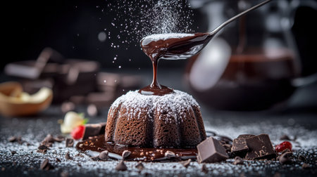 Tempting view of a rich chocolate molten cake topped with luscious chocolate sauce and delicate powdered sugar on a dark background, perfect for dessert lovers.の素材