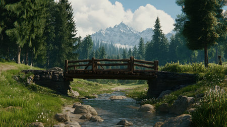 This stunning nature scene features a rustic bridge over a gentle stream, surrounded by lush greenery and majestic mountains, creating a serene escape.の素材