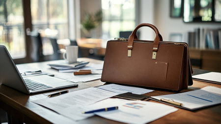 A sophisticated scene showcasing a brown leather briefcase resting on a well-organized office desk. Essential items like a laptop, coffee cup, and documents create a professional atmosphere.の素材