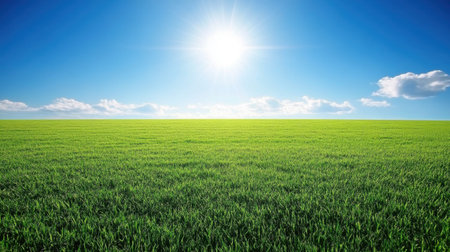 A stunning landscape featuring lush green grass fields illuminated by bright sunlight, under a deep blue sky with distant clouds, evoking a sense of tranquility.の素材