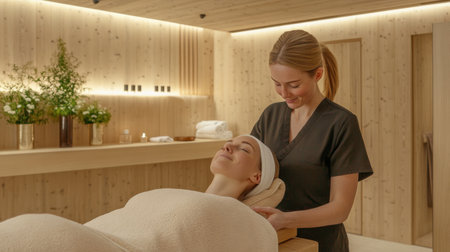 A tranquil spa scene featuring a trained therapist providing a relaxing treatment to a client, showcasing a peaceful environment focused on wellness and self-care.の素材