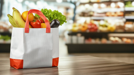 This image showcases a white and orange eco-friendly shopping bag filled with fresh fruits and vegetables, set on a wooden table, with a blurred market background that highlights the theme of healthy living and sustainability.の素材