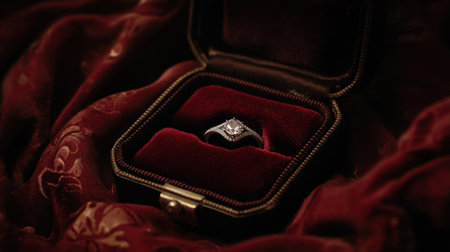 A stunning silver ring with a sparkling diamond accent is elegantly placed in a luxurious red velvet box. The rich fabric background enhances its beauty. Perfect for engagement or special occasions.の素材