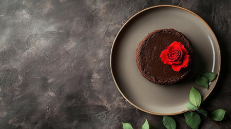 Indulge in the rich texture of a dark chocolate cake elegantly decorated with a red rose. Perfect for celebrations, this treat exudes beauty and flavor.の素材