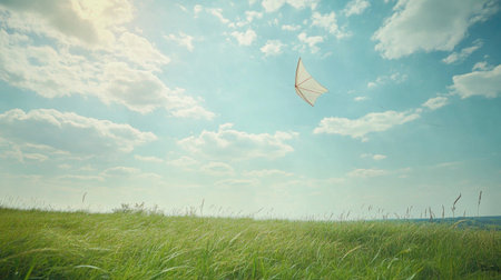 A serene landscape showcasing a vibrant green field under a bright blue sky filled with soft clouds. A single kite gracefully soars above, capturing the essence of freedom and joy during summer days. Perfect for nature and adventure themes.の素材