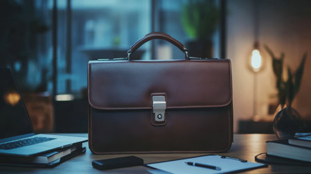 A sophisticated brown leather briefcase sits on a wooden desk in a contemporary office setting, surrounded by a laptop, notepad, and minimal decor, ideal for professionals.の素材