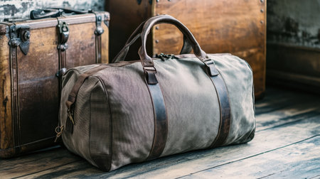 A vintage style travel bag made from durable materials, placed beside classic wooden luggage, highlights a rustic interior. Perfect for journeys.の素材
