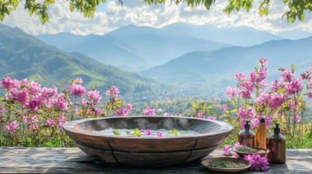 A serene spa setting showcases a wooden bowl filled with water, surrounded by vibrant pink flowers and lush green mountains, evoking tranquility and relaxation.の素材