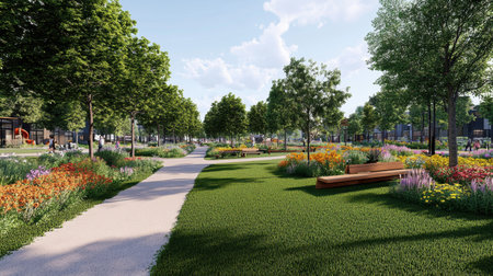This image captures a vibrant urban park scene featuring a winding pathway lined with blooming flowers, lush greenery, and shady trees, ideal for leisurely strolls.の素材
