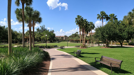 A picturesque park scene featuring a winding pathway surrounded by lush greenery and vibrant palm trees under a clear blue sky, ideal for relaxation.の素材