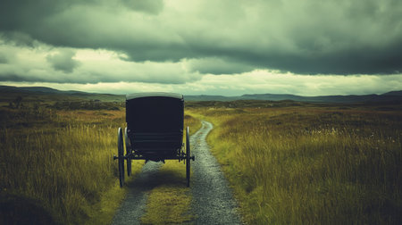 A solitary horse-drawn carriage rests on a winding gravel road amid vast fields and moody skies, evoking a sense of tranquility and nostalgia.の素材