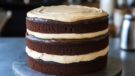 A beautifully crafted three-layer chocolate cake with creamy frosting on top, displayed in a bright bakery setting. This dessert is perfect for any occasion.の素材