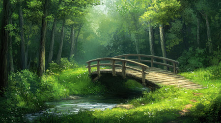 Explore a tranquil forest scene featuring a charming wooden bridge over a gentle stream, surrounded by vibrant greenery and soft sunlight, embodying nature's serenity.の素材