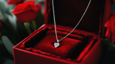 This stunning heart-shaped silver necklace rests in a luxurious red velvet box, elegantly complemented by fresh red roses, perfect for a romantic gift.の素材