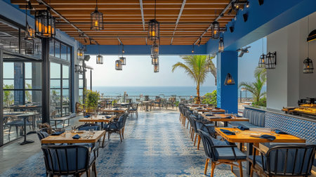 This elegant coastal restaurant features a bright interior design with wooden tables and an inviting atmosphere, complemented by stunning ocean views.の素材