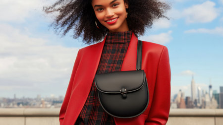 A fashionable woman showcases her stylish red blazer and handbag in an outdoor setting with a stunning city skyline. The image captures confidence and modern beauty.の素材
