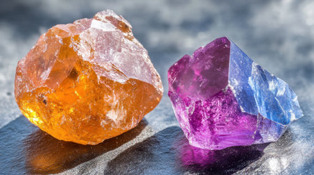 A stunning close-up of vibrant orange and purple crystals resting on a metallic surface, enhanced by natural light reflections, showcasing their unique textures and colors.の素材