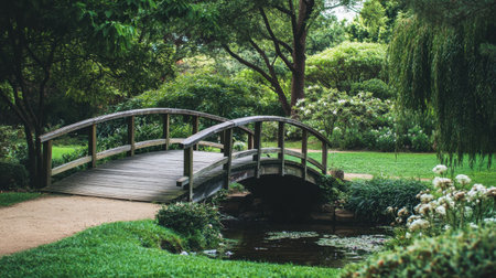 A beautiful wooden bridge arches gracefully over a serene stream, surrounded by lush greenery and vibrant flowers, creating a peaceful outdoor oasis.の素材