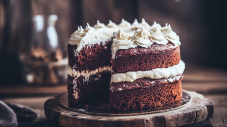 This beautiful chocolate layer cake features rich layers of creamy frosting, perfect for any special occasion. Ideal for dessert lovers.の素材