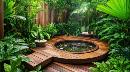 Discover a tranquil outdoor oasis featuring a wooden deck and a calming water feature, surrounded by lush greenery and tropical plants, perfect for relaxation.の素材