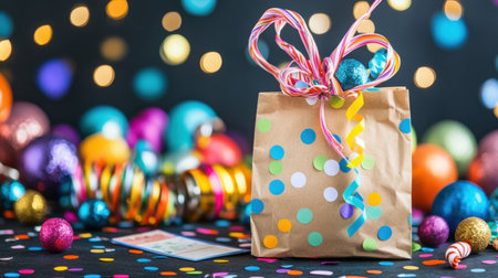 A vibrant and cheerful gift bag featuring colorful polka dots, surrounded by festive decorations and bright bokeh lights, perfect for celebrations.の素材