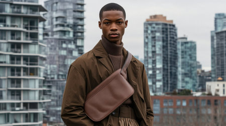 A fashionable young man stands confidently in a contemporary urban landscape, showcasing a stylish brown outfit complete with a trendy bag.の素材
