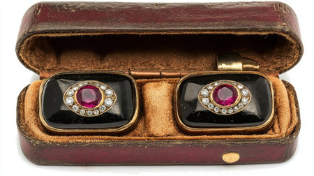 This exquisite pair of vintage cufflinks features stunning ruby and diamond accents, beautifully presented in a luxurious leather case, perfect for collectors.の素材