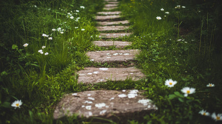A tranquil stone pathway meanders through vibrant green grass and delicate wildflowers, inviting a peaceful outdoor experience in nature's beauty.の素材