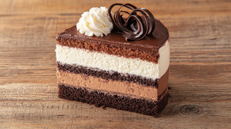 A mouthwatering slice of layered chocolate cake featuring rich chocolate and creamy vanilla layers, elegantly garnished with whipped cream and chocolate curls.の素材