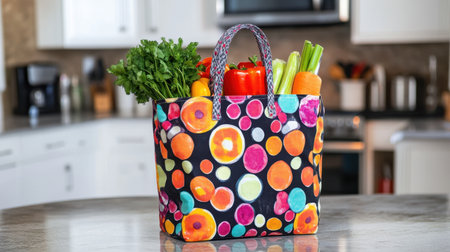 A vibrant reusable grocery bag filled with fresh vegetables stands on a kitchen counter, emphasizing a healthy lifestyle and eco-friendly shopping habits.の素材